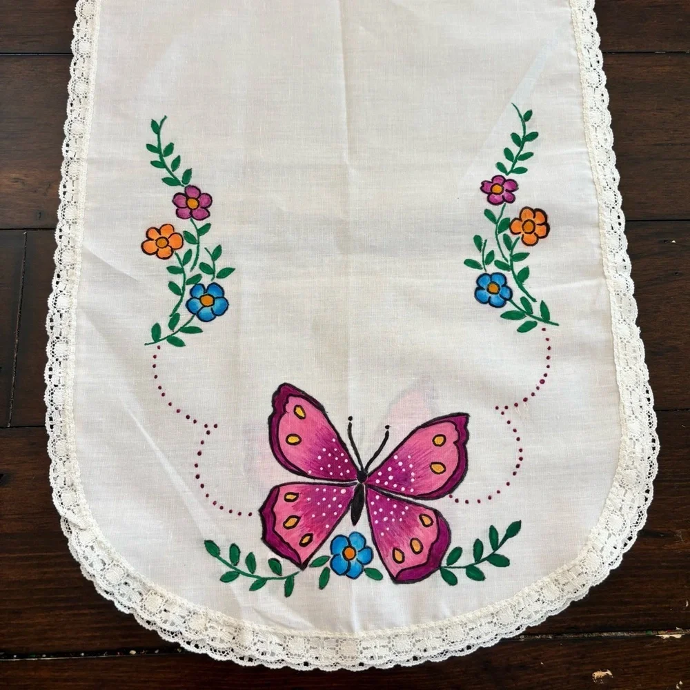 Vtg Butterfly Floral Hand Painted Linen Dresser Scarf Table Runner 45x14